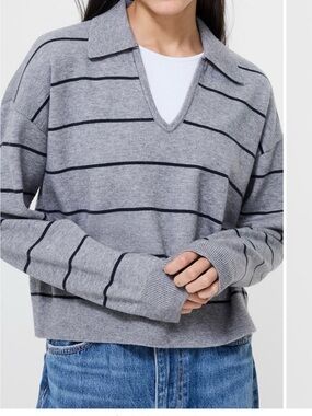 French Connection Gray Striped Collared V-Neck Sweater